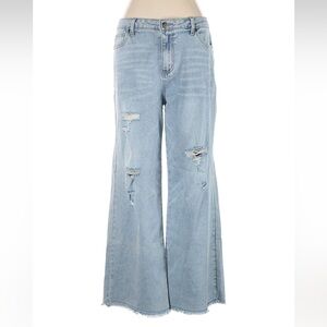 NWOT: Easel Soft Washed Distressed High Waisted Wide Leg Denim Jeans• Large